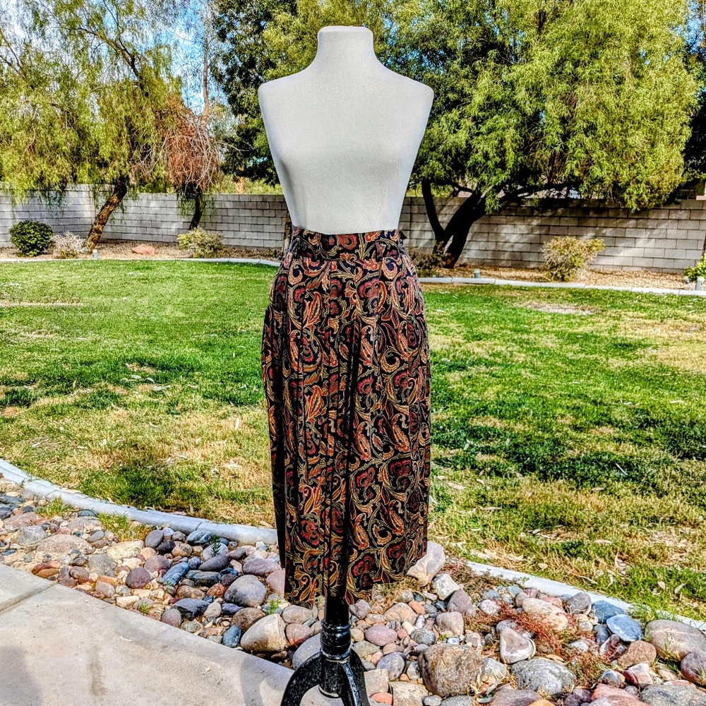 Vintage Japanese Women's Petite Small Pleated Paisley Retro Maxi Fancy Skirt EUC